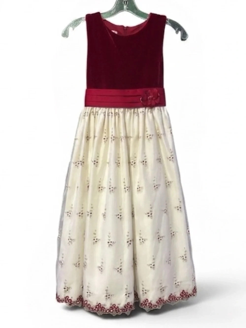 CINDERELLA Vintage Inspired Embroidered Holiday Dress 12 Red/Ivory EUC